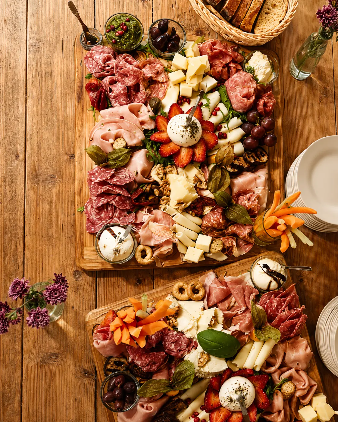 Momento Catering: zwei Taglieri mit Salumi, Käse, Obst und Antipasti auf einem Holztisch